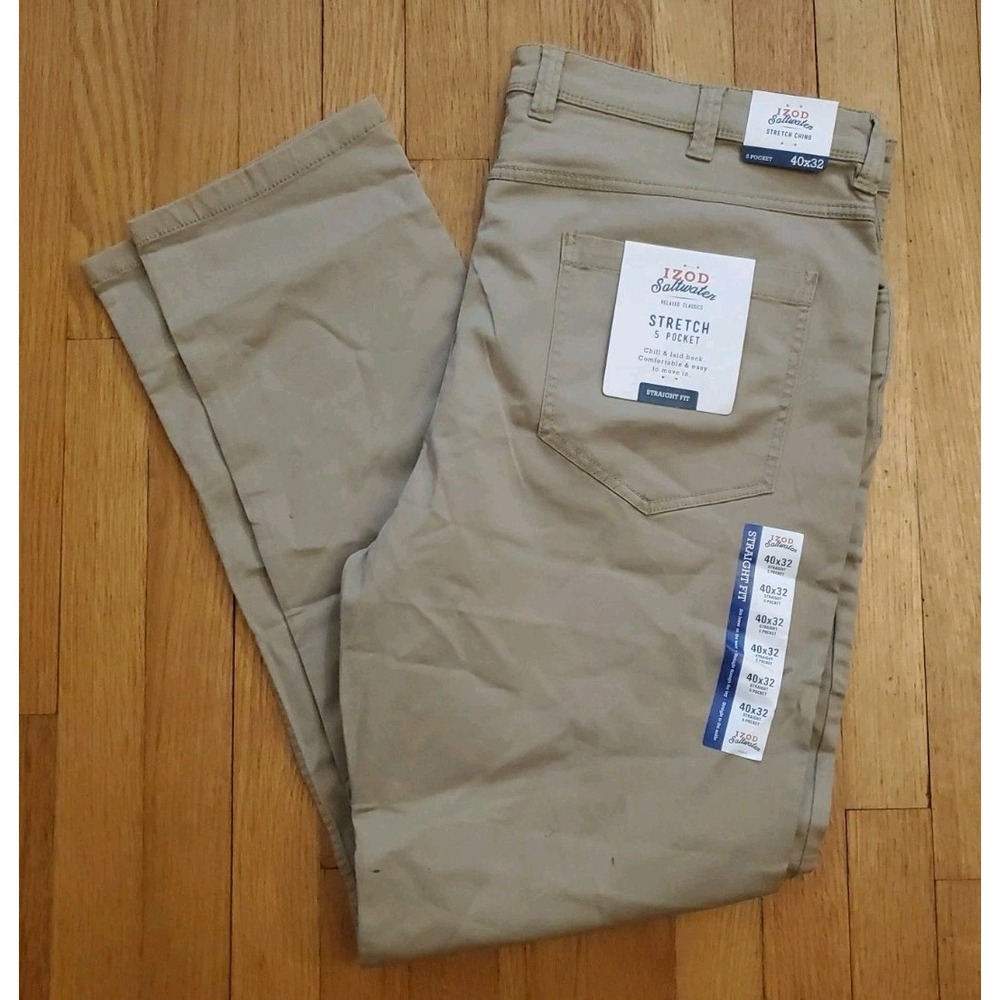NEW  IZOD Saltwater Stretch Chino Straight Fit Flat Front Pant 40X32 Khaki